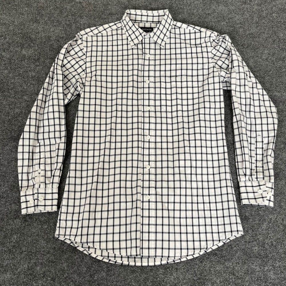 George Mens Small Long Sleeve Button Down Shirt White Navy Blue Grid Check Plaid